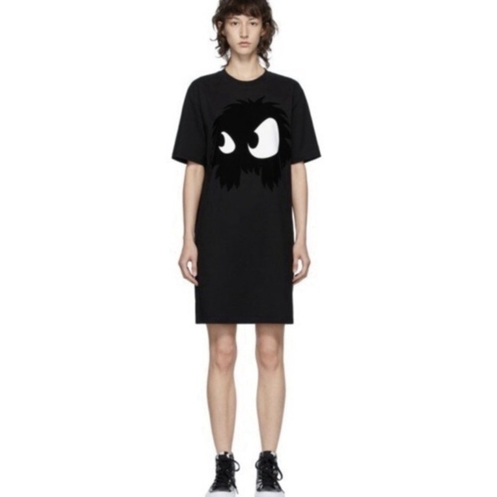 Andrew McQueen McQ Flocked Monster Chester Black T-shirt Dress XS Goth Emo Rave